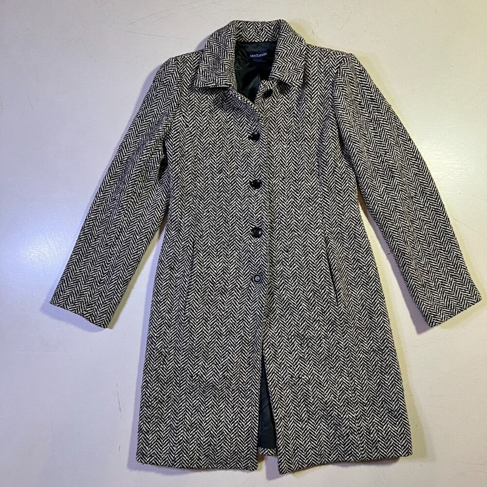 Ann Taylor Black Herringbone Coat Size 2 Tailored Wool Blend Midi Quiet Luxury
